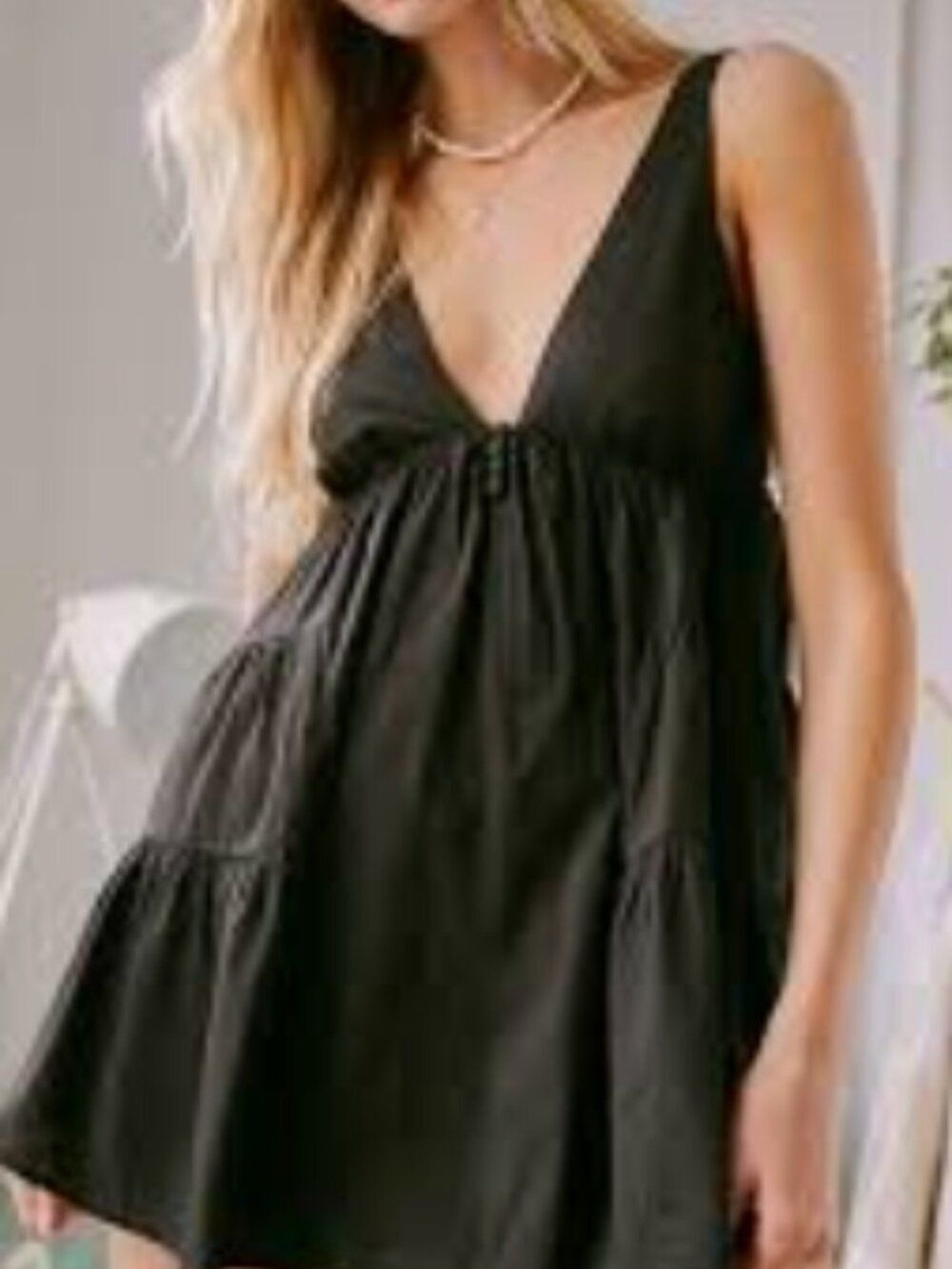Urban Outfitters Black Tiered V-Neck Mini Dress Smocked Flowing Plunging XS